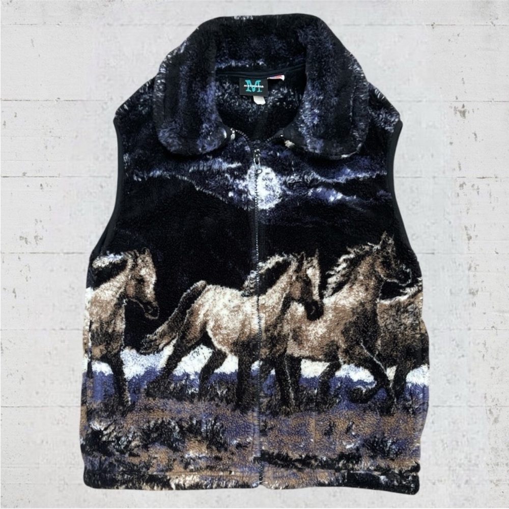 VTG Mazmania Horse Equestrian Western Graphic Fleece Zip Up Zest Size Small USA